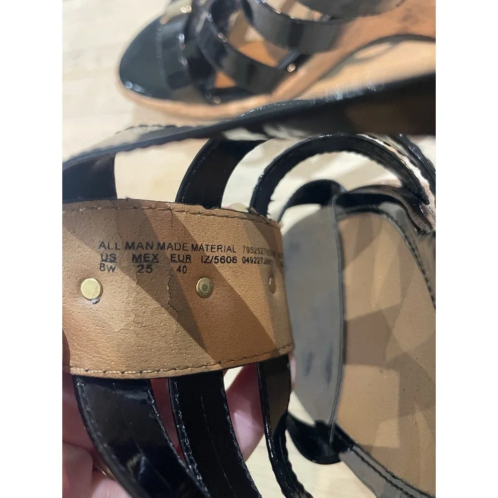 Jaclyn Smith Black Cork Wedge Gold Buckle Patent Faux Leather Strappy Shoes 8 W